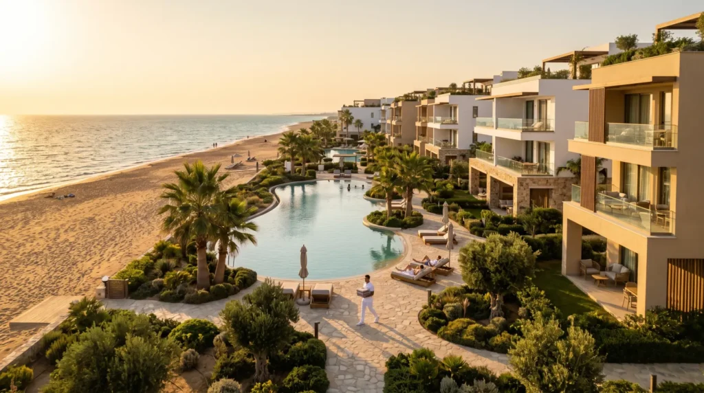 Luxury beachfront resort with pool and on-site staff in Long Beach, North Cyprus, at sunset.