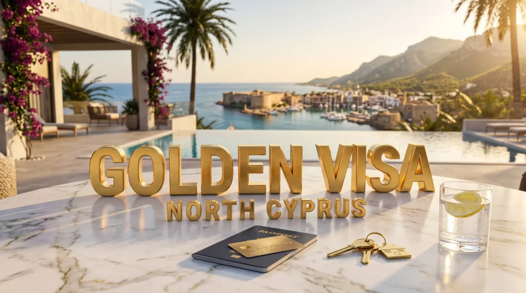 Gold 3D letters reading Golden Visa North Cyprus on a marble table with a passport, residence card and house keys, overlooking Kyrenia harbour