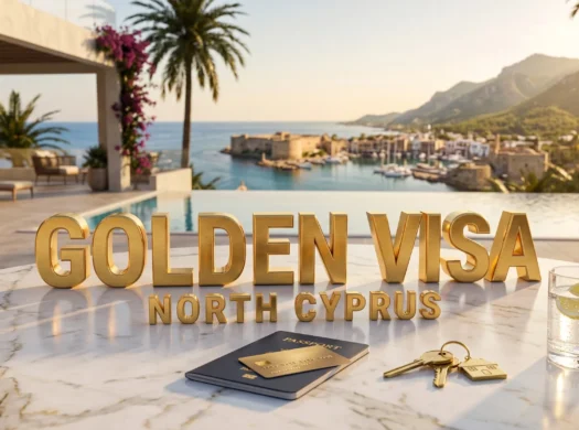 Gold 3D Golden Visa North Cyprus letters on marble with a passport, residence card and keys, Kyrenia harbour