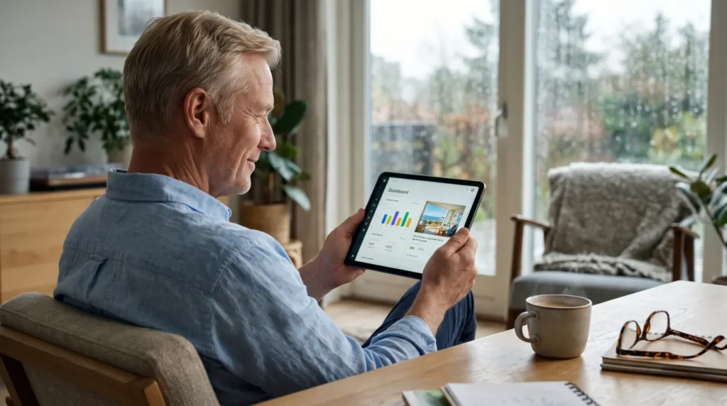 European owner checking the rental income of his North Cyprus apartment on a tablet at home.
