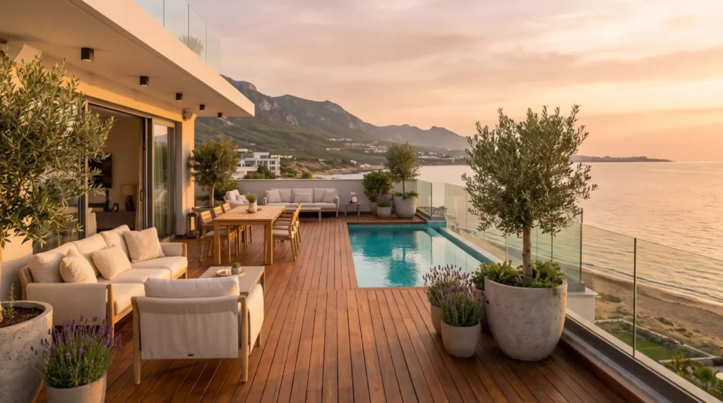 Roof terrace of a luxury penthouse with a private pool and a panoramic sea view in North Cyprus
