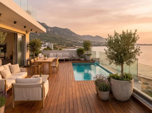 Roof terrace of a luxury penthouse with a private pool and a panoramic sea view in North Cyprus