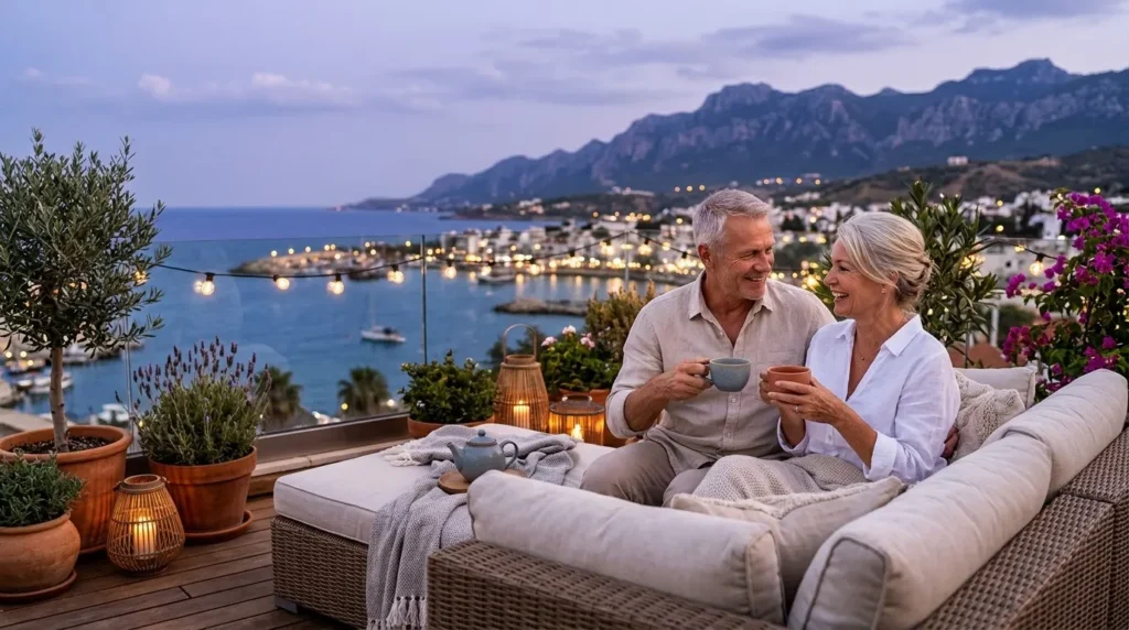 Couple relaxing on a penthouse terrace in the evening with a view of the coast of North Cyprus