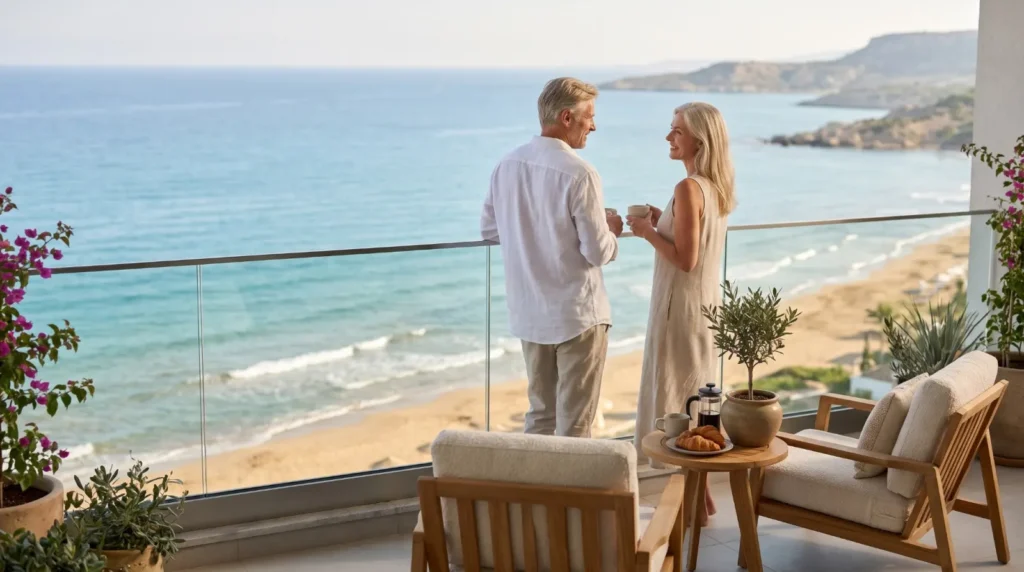 Couple with morning coffee on the sea-view balcony of a seafront apartment in North Cyprus