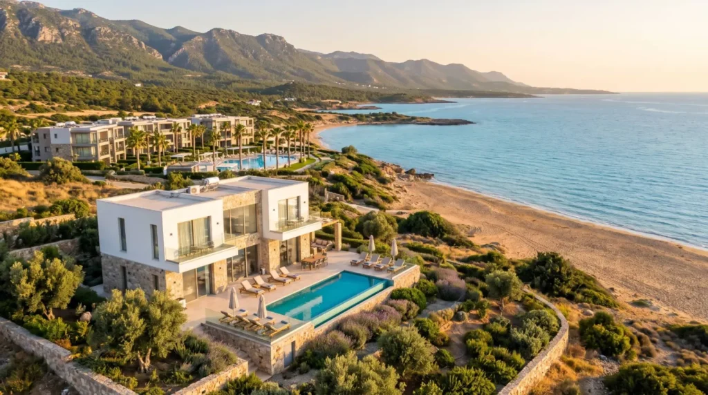 Seaside villa with a private pool and a resort with apartments on the coast of North Cyprus at golden hour