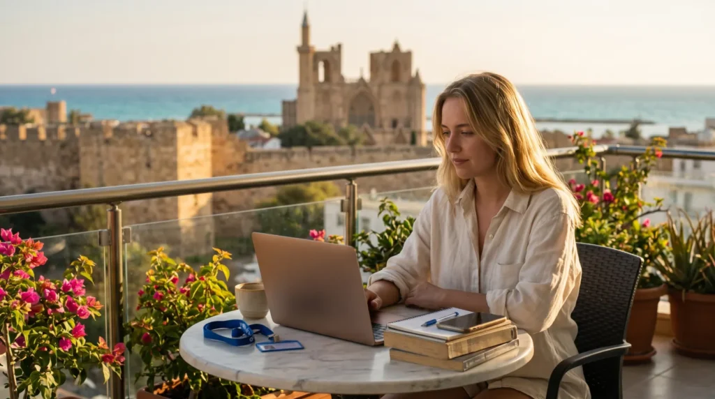 European student studying on a balcony in Famagusta with the old city walls and the sea behind, North Cyprus