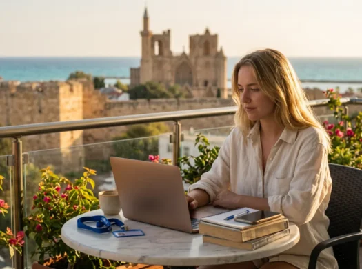 European student studying on a balcony in Famagusta with the old city walls and the sea behind, North Cyprus