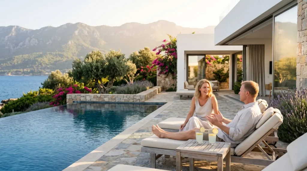 Couple relaxing by the infinity pool of a sea-view villa in North Cyprus