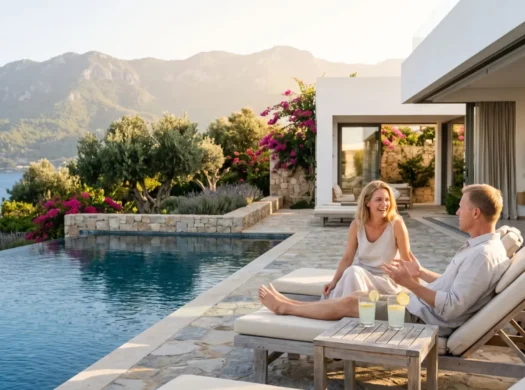 Couple relaxing by the infinity pool of a sea-view villa in North Cyprus